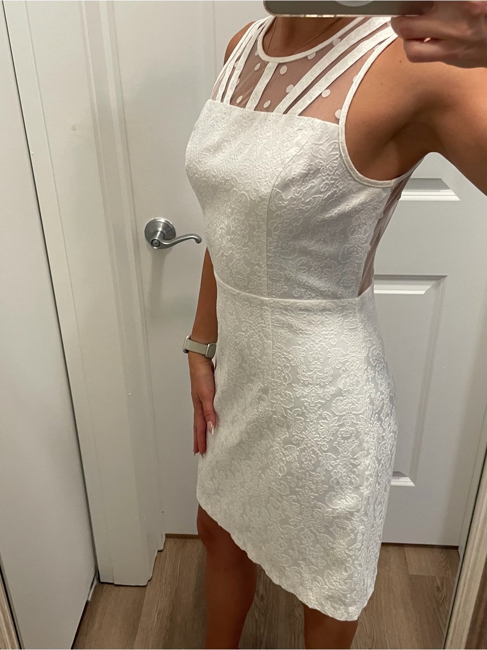 Forever 21 White Lace Mini Dress with Illusion Polka-Dot Yoke - Picture 3 of 5